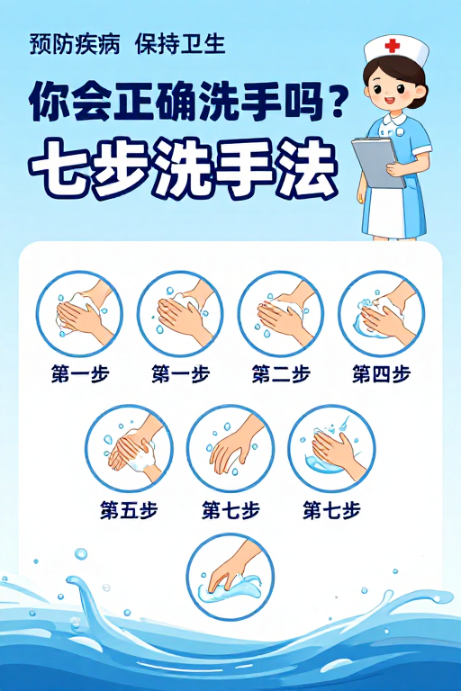 清新风格七步洗手法健康科普宣传图