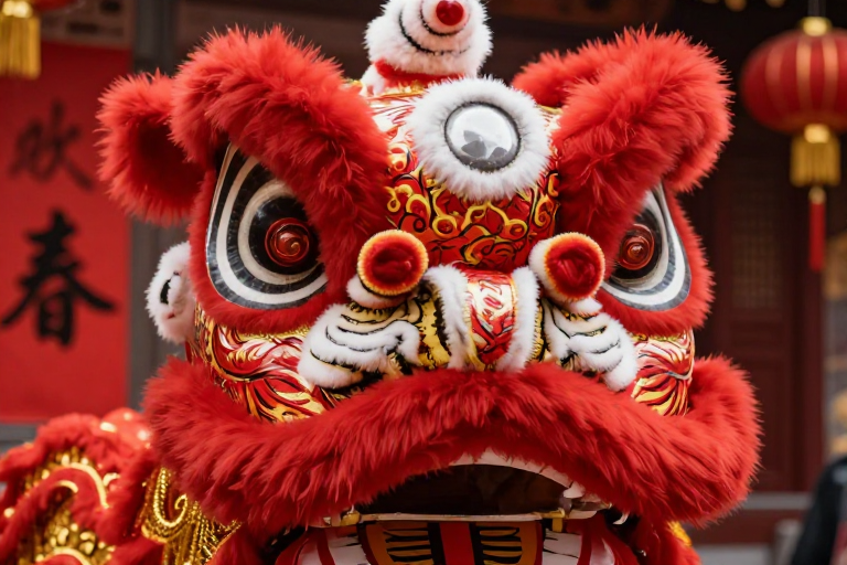 红色舞狮特写:节日庆典的视觉盛宴