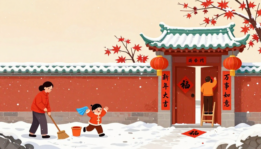 暖冬手绘春节:家人扫雪贴福,温馨年味