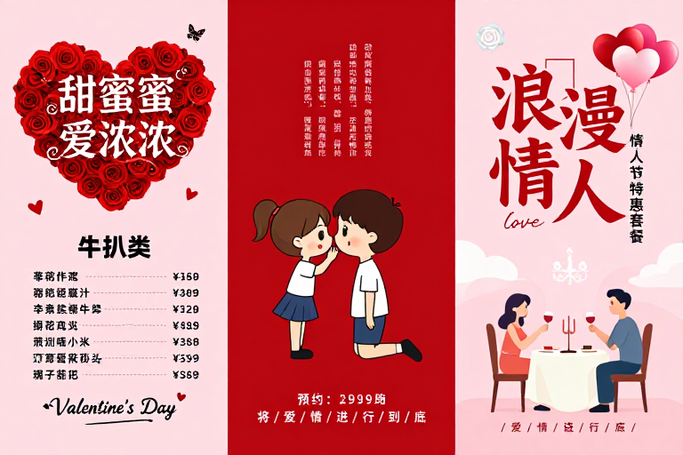 粉红浪漫西餐厅情人节宣传海报
