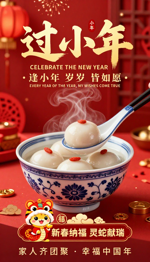 红金配色中国新年小年海报艺术