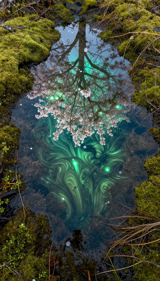 晨露苔原映樱花 翡翠绿意流淌