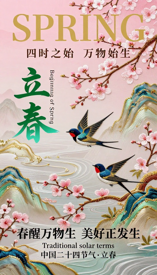 春色渐染 立春启幕:传统刺绣风节气海报