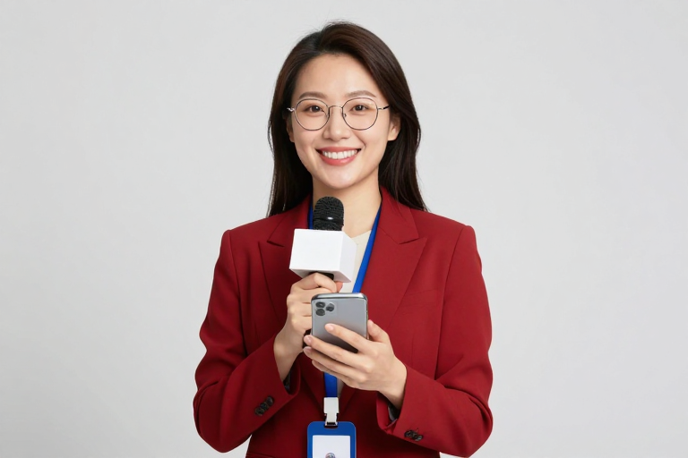 亚洲女主播专业形象：红色西装与暖光摄影
