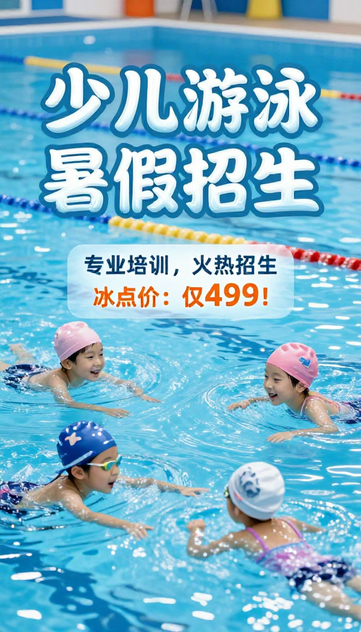 琉璃质感少儿游泳暑期班招生海报
