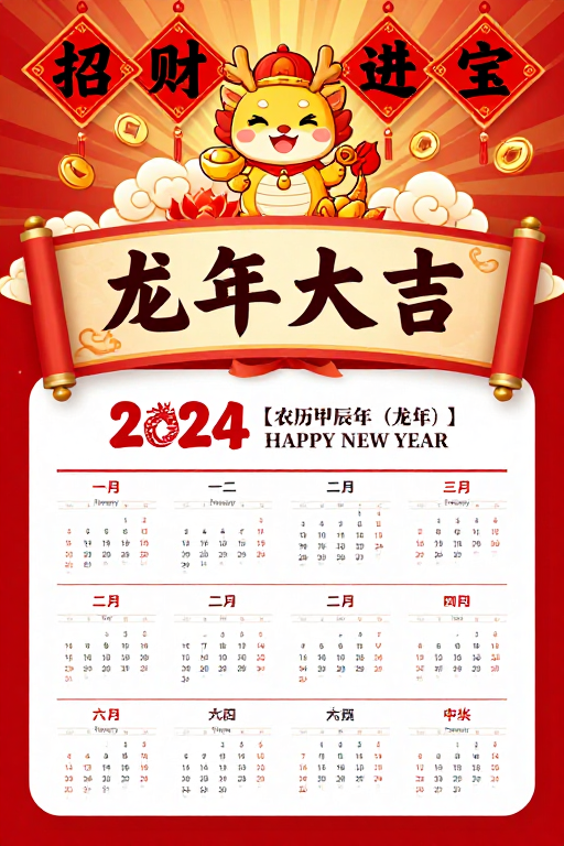 2024龙年喜庆日历海报：红金配色卡通龙形象