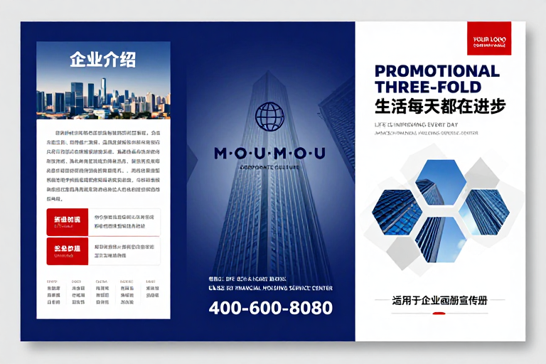 现代商务三折页设计，深蓝渐变科技感金融宣传册