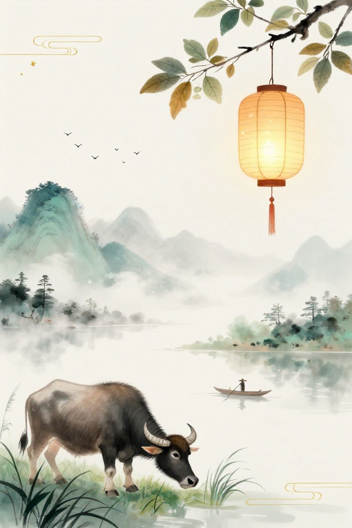 水墨山水意境：暖灯笼下的静谧田园