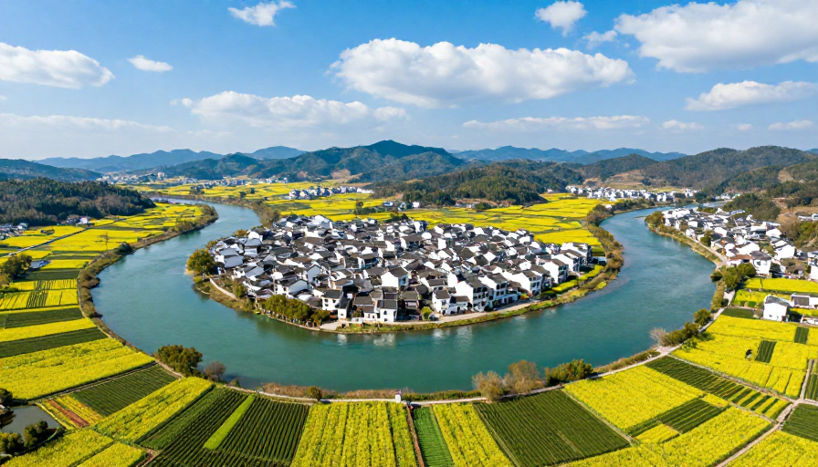 江南水乡田园风光:金黄花海与青翠茶田的和谐画卷