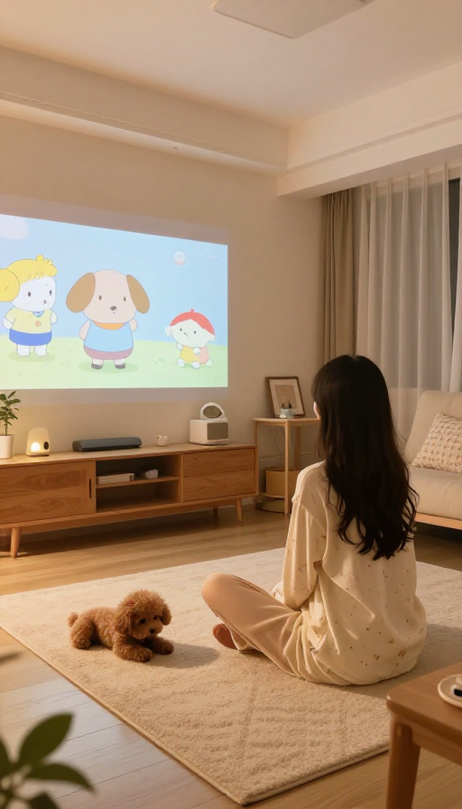 动漫风温馨家居:少女与泰迪看投影的午后时光