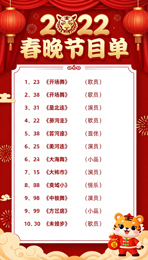 2022新春贺岁:立体红金春晚节目单海报