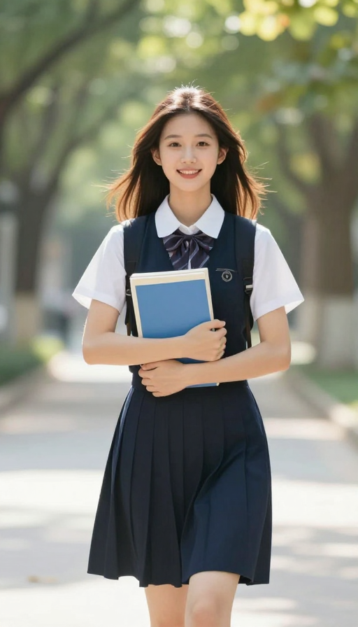 青春洋溢：活力女大学生校园林间漫步