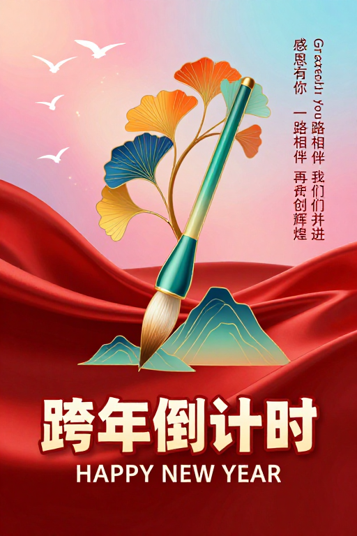 新国潮跨年庆典：金色毛笔与梦幻光晕的年度启航
