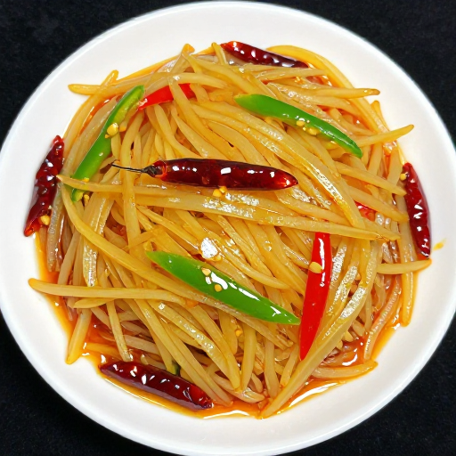 传统中式酸辣土豆丝俯拍展示，油亮诱人