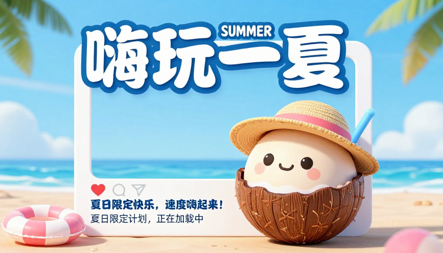夏日嗨玩限定促销海报，Q版椰子可爱3D设计