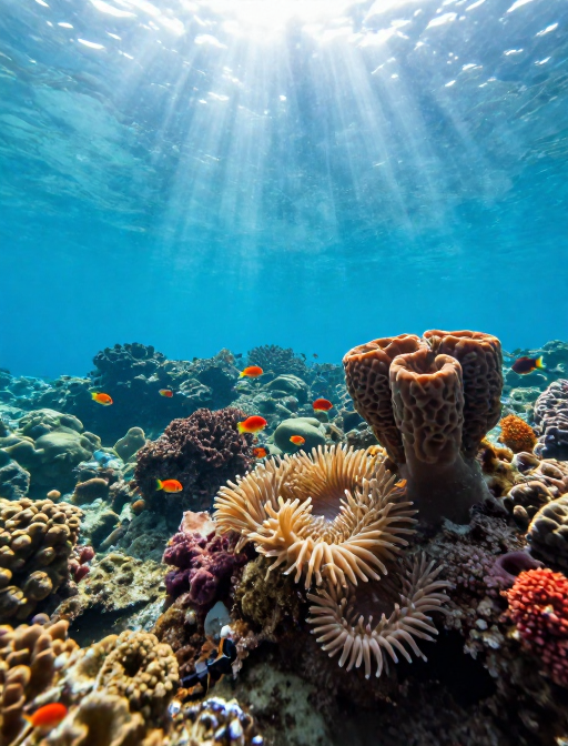 梦幻深海奇观:阳光穿透水底照亮彩色生物世界