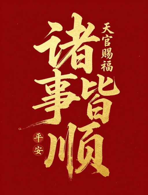 国潮书法'诸事皆顺'红底金字显喜庆
