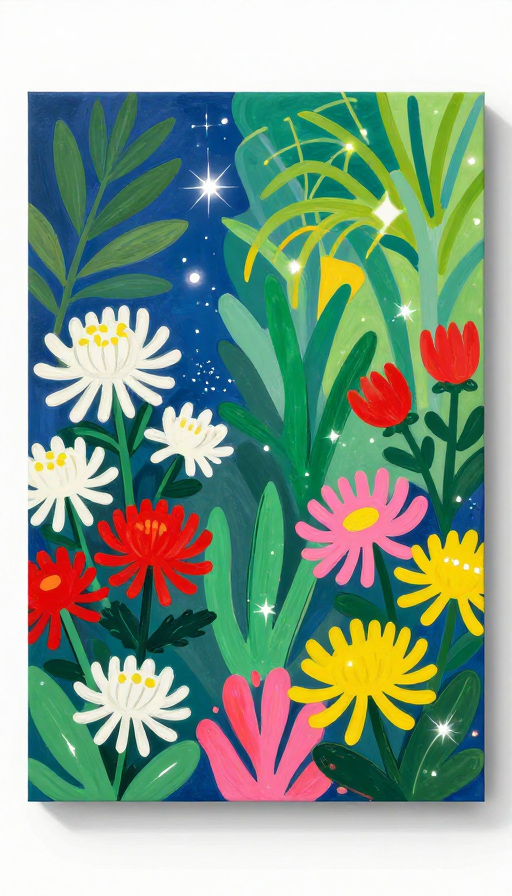 马蒂斯风室内花园:抽象彩色花卉插画