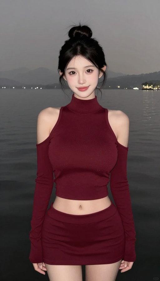 酒红色礼服现代女神西湖夜景全身照