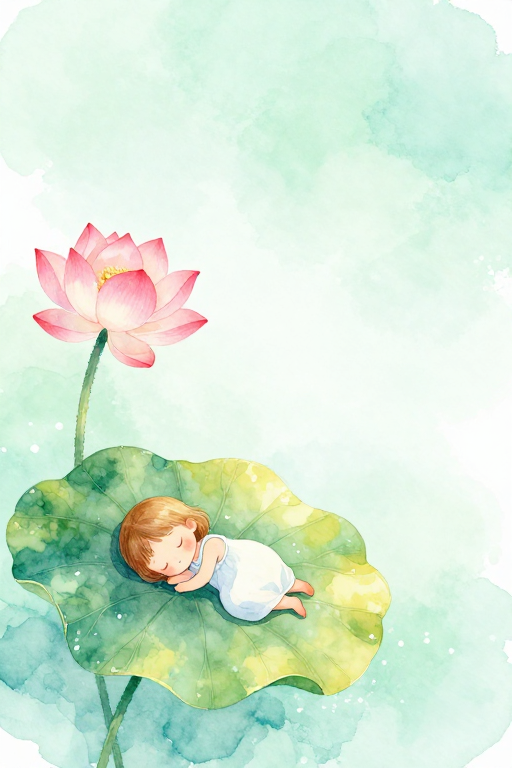 水彩梦幻意境:安睡少女与莲花的宁静诗篇