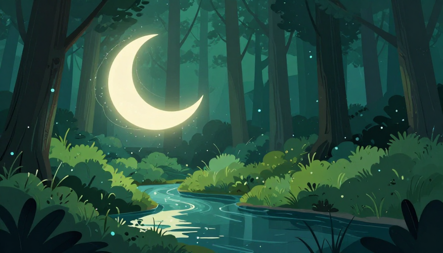 梦幻森林夜景:幽静月光与魔法氛围插画