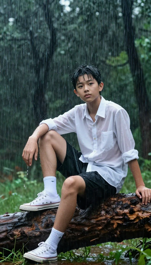 青春无畏：暴雨中坚毅少年的潇洒瞬间