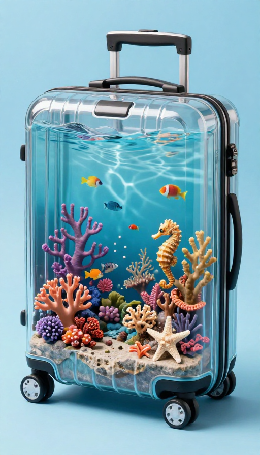 透明行李箱内微缩珊瑚礁生态奇幻场景