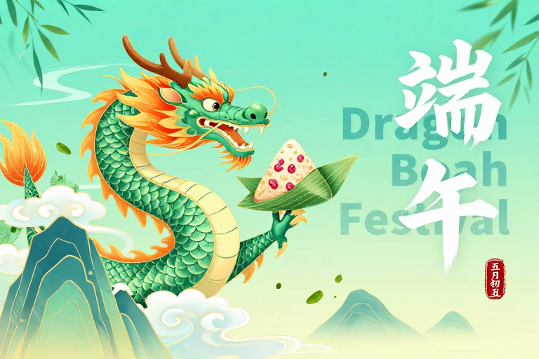 青绿渐变神龙腾跃：端午节传统与现代插画