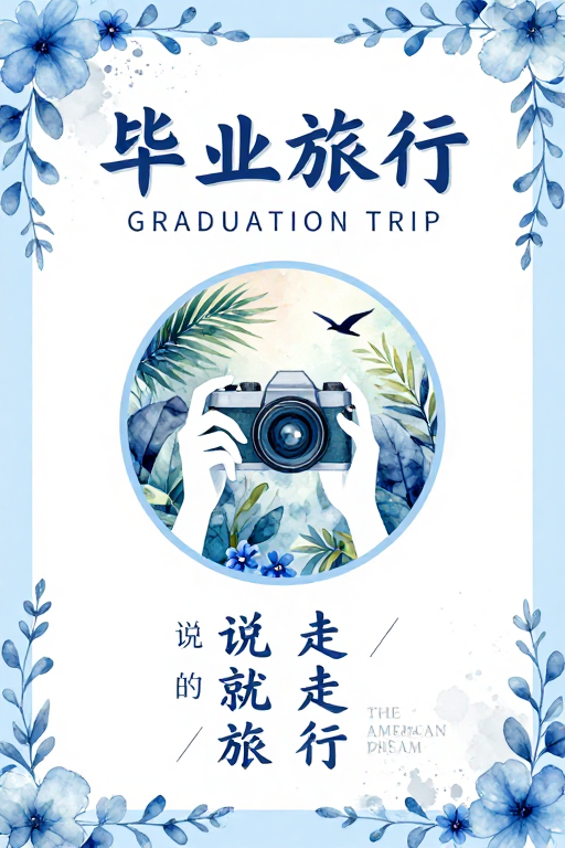 清新水彩手绘蓝白毕业旅行诗意海报