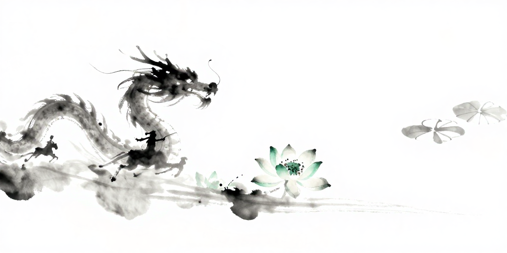 水墨意境之御风龙影与莲花