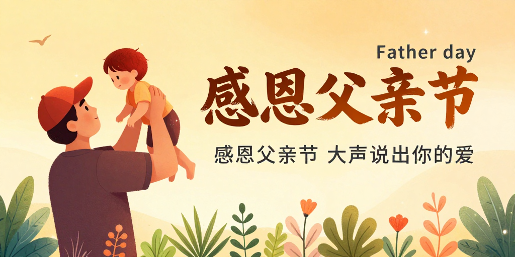 温情插画父亲节海报：父爱无声，爱在心底