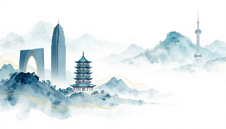 青蓝水墨东方意境:现代与传统建筑交融的留白画卷