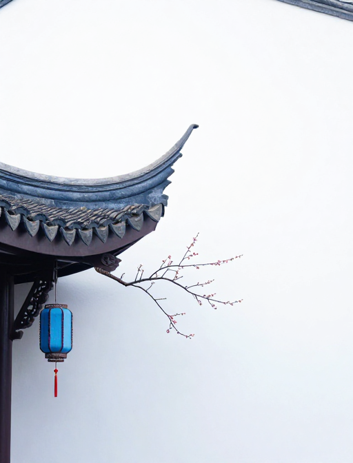 空灵东方禅韵：蓝白飞檐与梅花的静谧构图