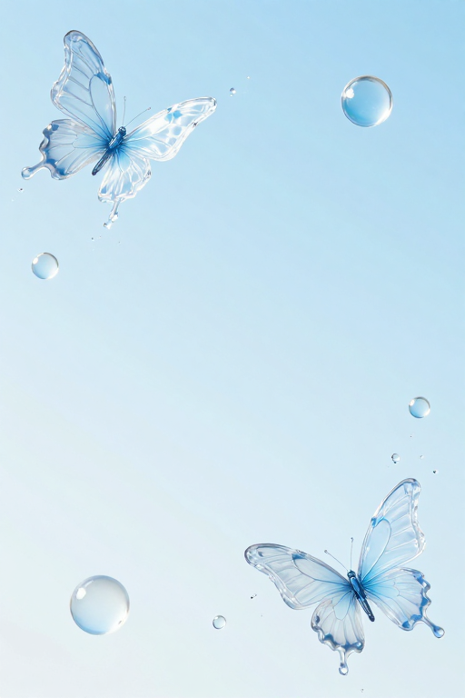 清新水韵留白艺术：通透蝴蝶与气泡背景