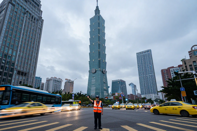 台北都市车流光影：交通协管指引繁忙路口
