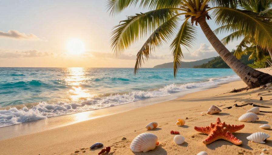 金辉洒满热带海滩:梦幻日落与海浪的浪漫邂逅