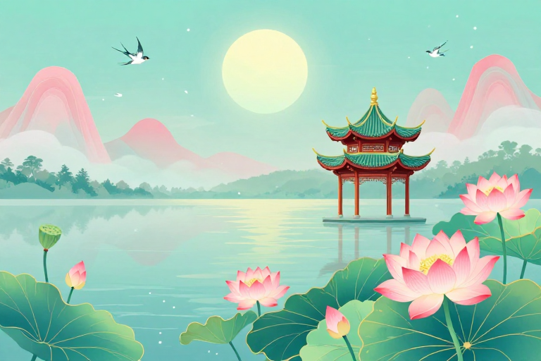 青绿月晕中式亭阁与荷塘意境插画