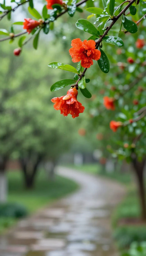 春雨润石榴，生机盎然的小径风光