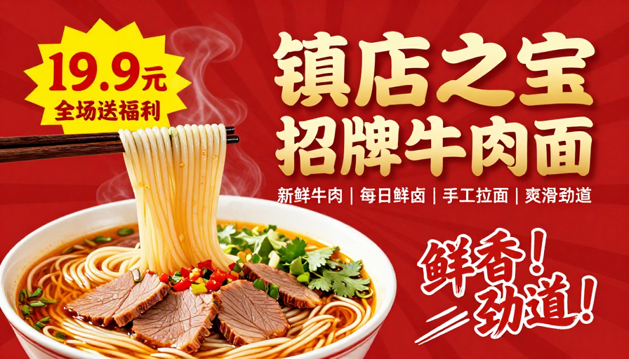 招牌牛肉面：19.9元享鲜香劲道！红金促销视觉盛宴