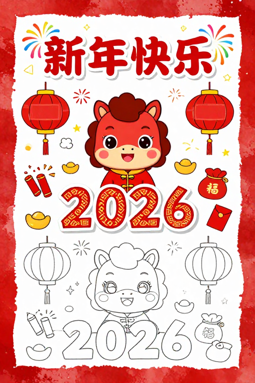喜庆新年手绘贺岁海报，童趣红白泼墨风格