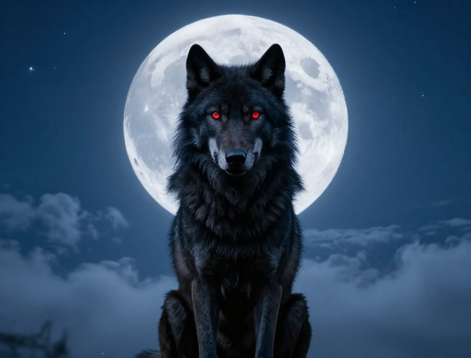 暗夜黑狼：冷月下的神秘凝视