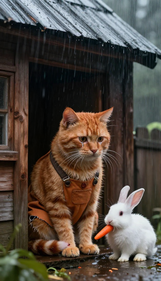 雨夜伤怀的橘猫与小白兔