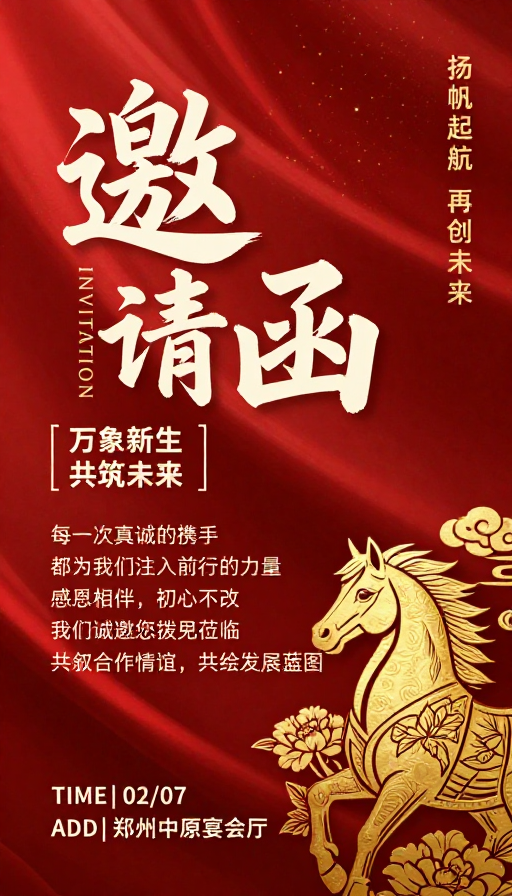 红色绸缎金辉中式商务庆典邀请函设计