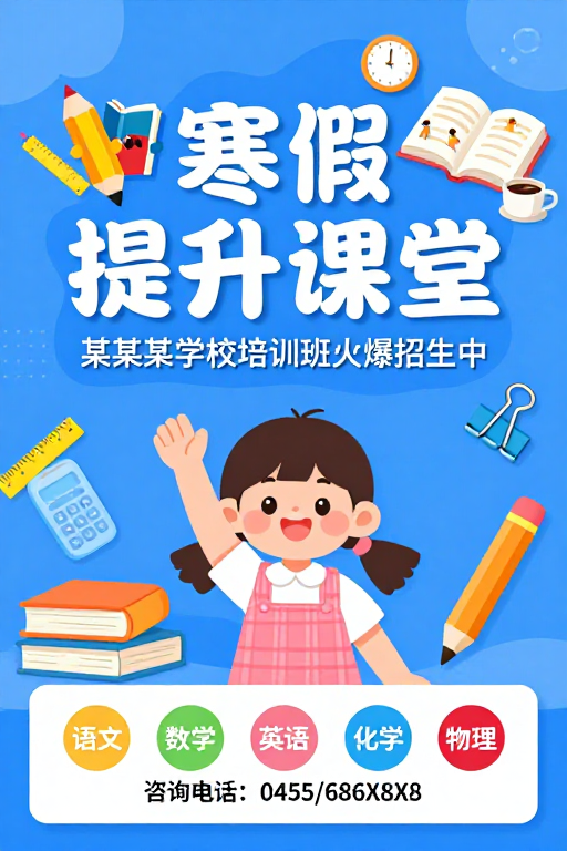 寒假提升课堂：蓝色童趣学习海报