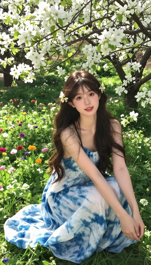 阳光洒落，繁花中的静谧少女