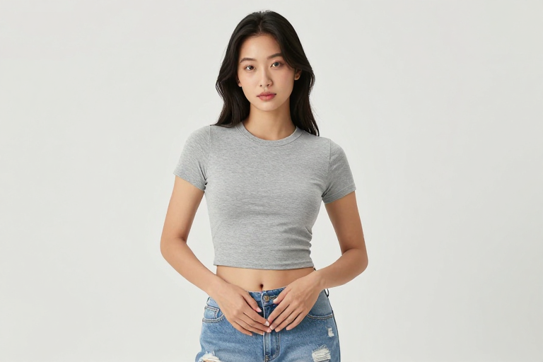 亚洲女性灰色罗纹T恤破洞牛仔裤写真