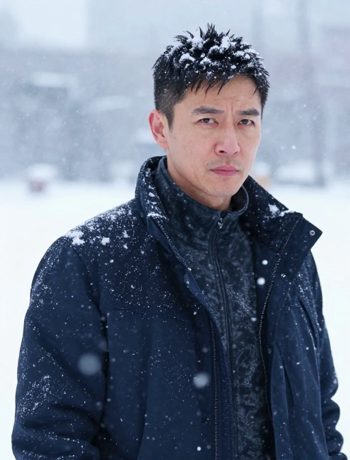 大雪中坚毅的男人:动感与美感的艺术融合