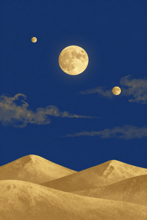 深蓝夜空与金色月球:超现实梦幻画卷