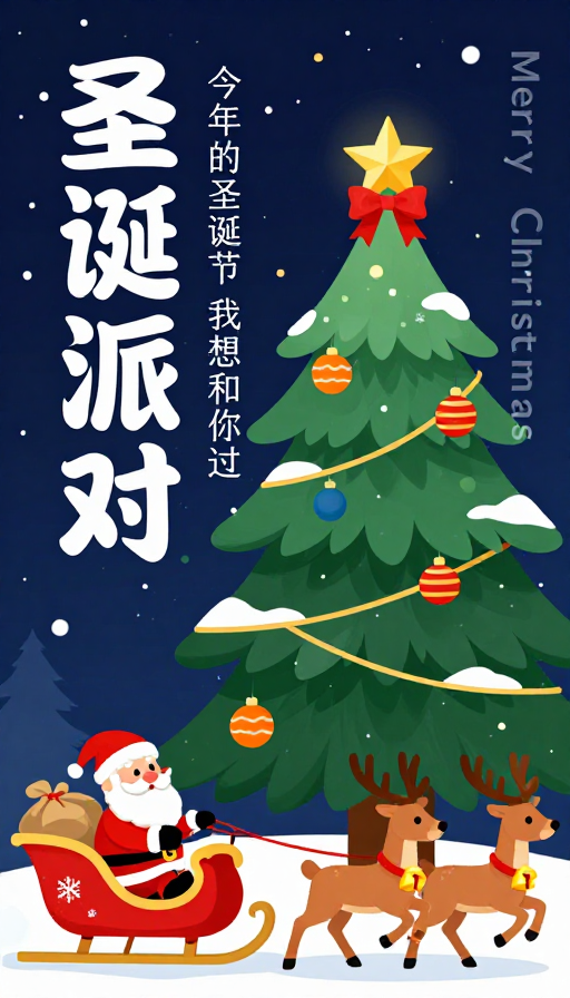 圣诞派对温馨海报,扁平化插画展现冬夜欢乐