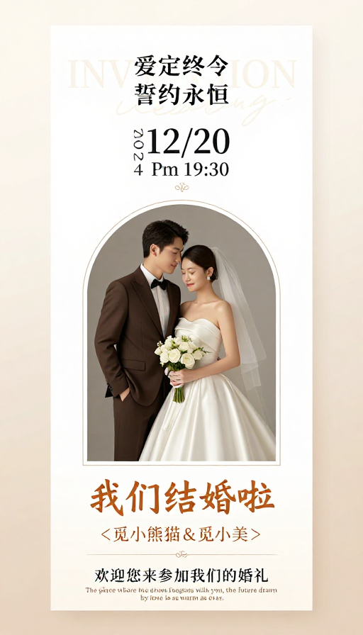 暖调光影下的极简婚礼邀请海报